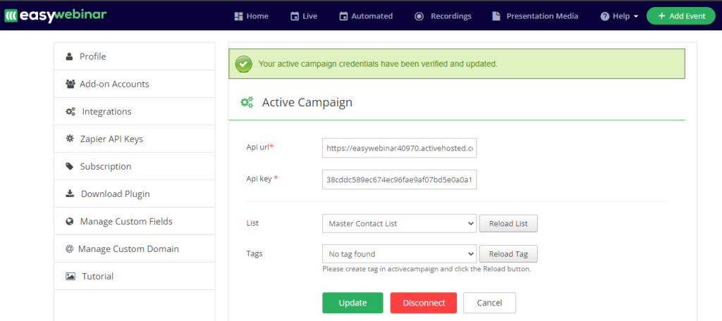 EasyWebinar dashboard - automated webinar