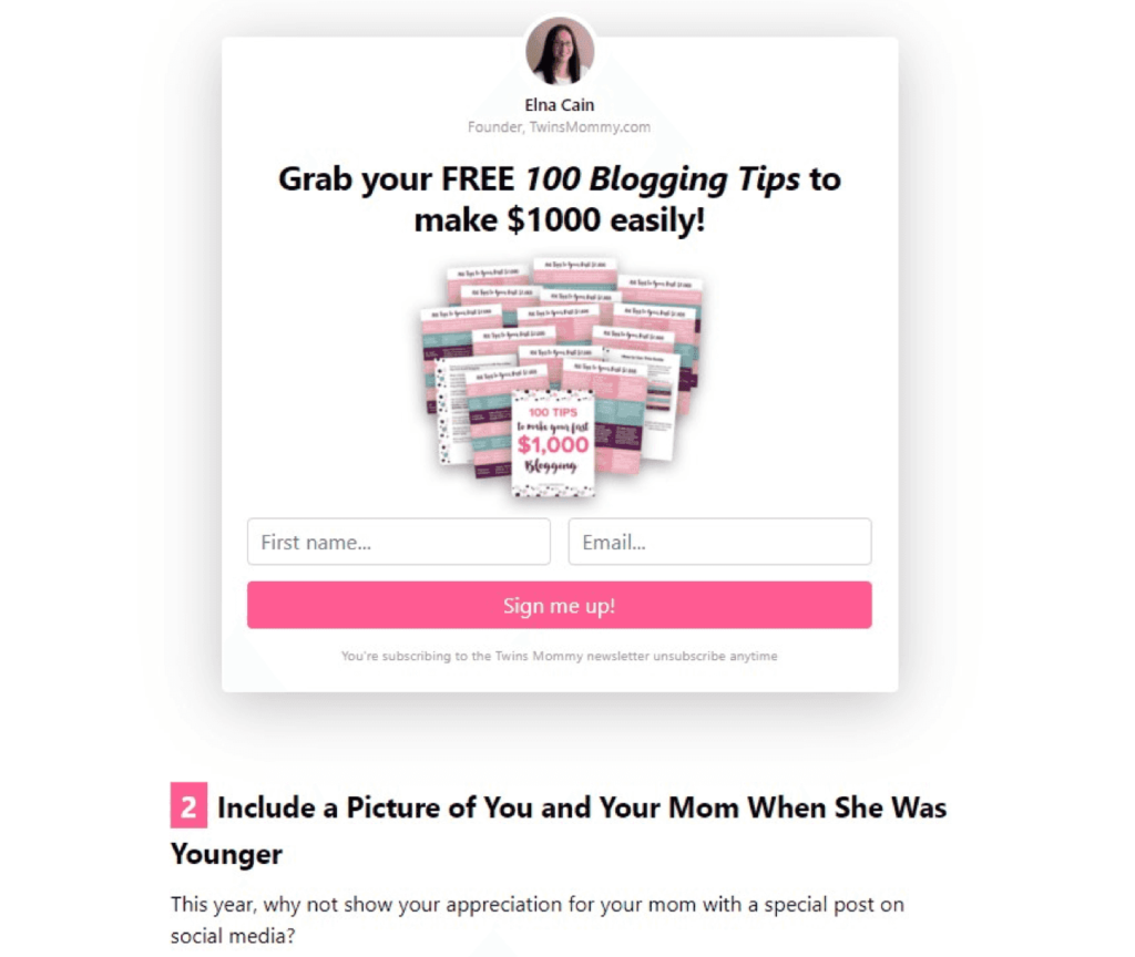 A screenshot of an email opt-in form with a freebie offer - how to make money blogging