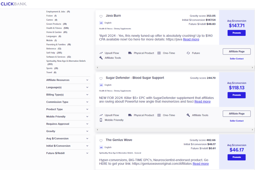 A screenshot of the ClickBank marketplace - best affiliate programs for beginners in 2024