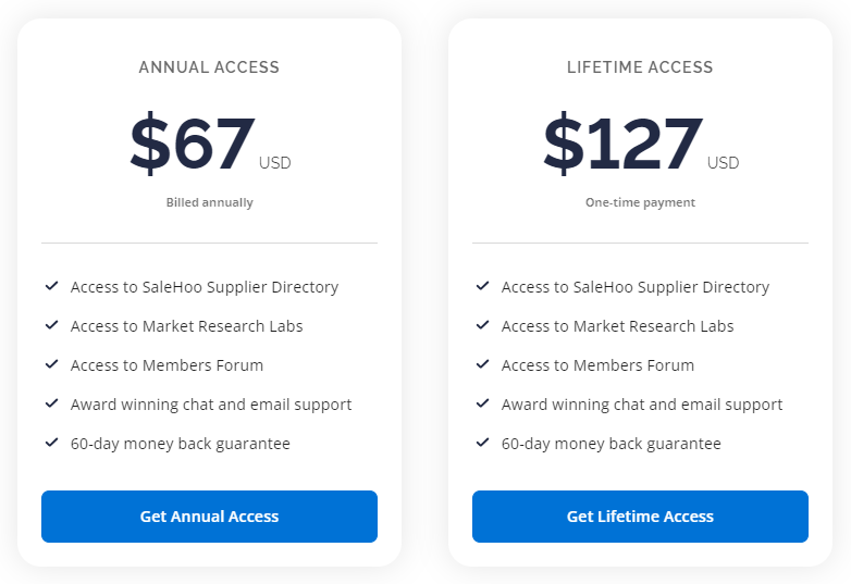 SaleHoo pricing table comparing the Annual and Lifetime Membership options - is salehoo legit