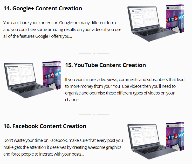 A comprehensive coverage of IMG Checklists of different marketing channels (e.g., Facebook, YouTube, SEO) - IM Checklist