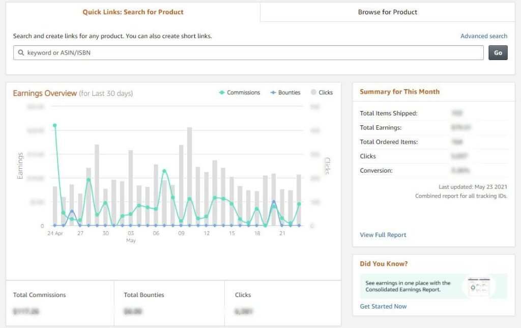 A screenshot of the Amazon Associates Dashboard - best affiliate programs for beginners in 2024