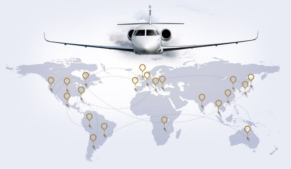 A map showing the network of airports served by a private jet rental service - rent a private jet