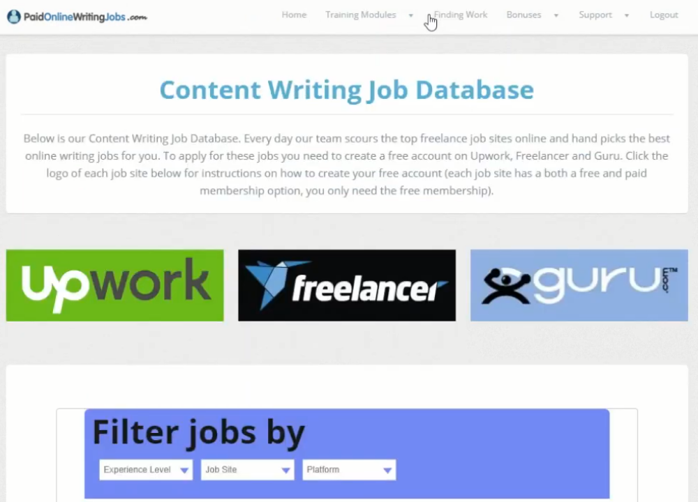 A screenshot of PaidOnlineWritingJobs content writing job database - what is a better freelance writing platform for writers