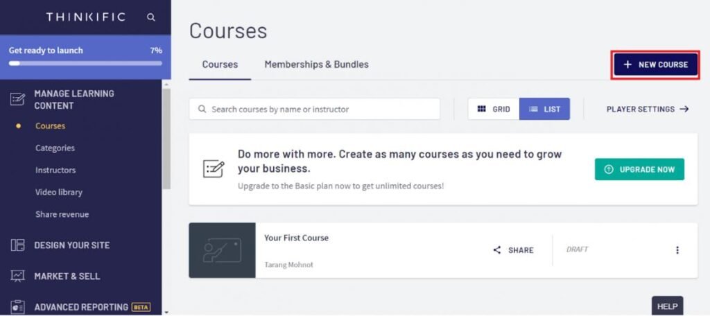 online course dashboard showing course creation options - best online business to start