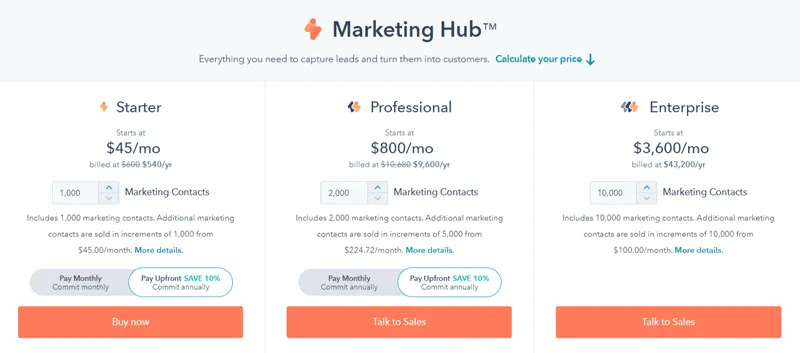 HubSpot pricing plans - digital marketing automation platform