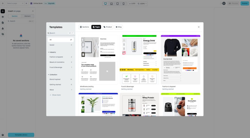 Example of a template customization screen from Shopify - build an ecommerce website