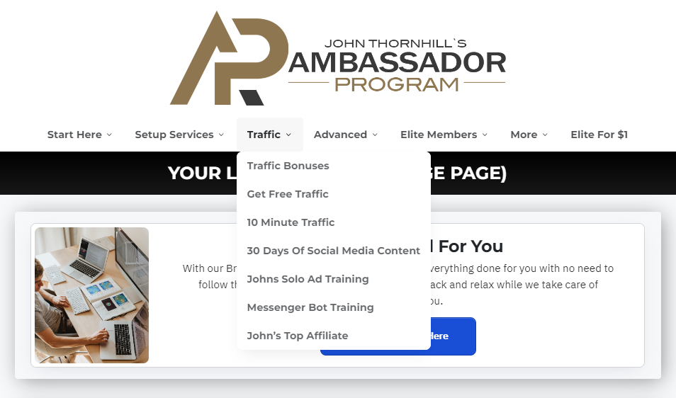 The members area dashboard of John Thornhill's Ambassador Program - high ticket affiliate programs