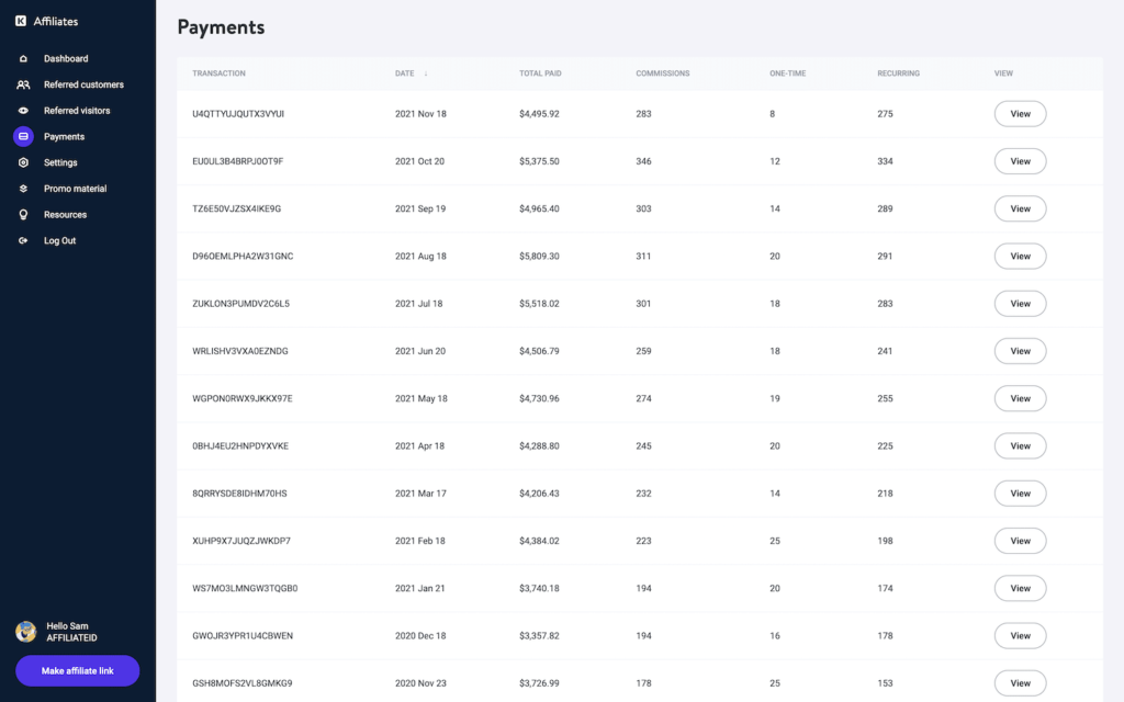 A screenshot of Kinsta affiliate earnings - high ticket affiliate programs