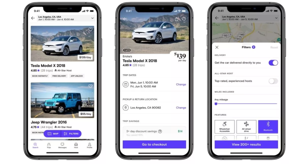 An example of an app interface of a car-sharing platform - easy passive income