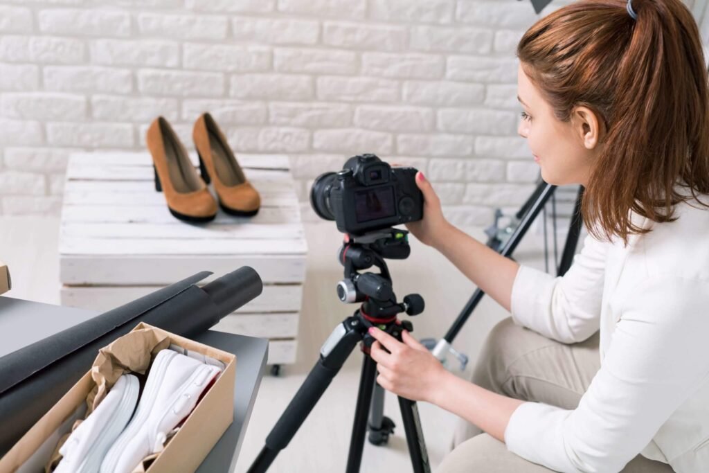 A person photographing products for sale, showing the resale process - A social media dashboard showing analytics and content planning