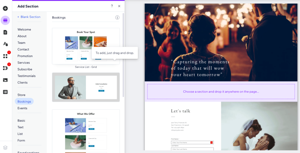 A screenshot of Wix’s drag-and-drop editor - best website builder for small business