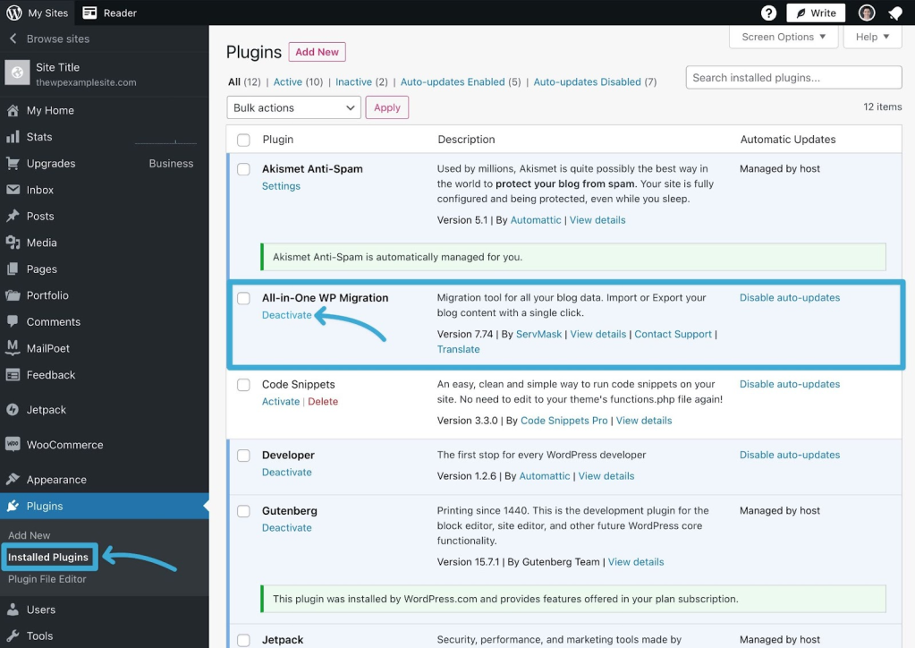 A screenshot of the WordPress dashboard showing key plugins being installed - how to create a blog for affiliate marketing