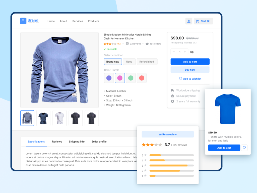 Example of a detailed product page with images, descriptions, and specifications - build an ecommerce website