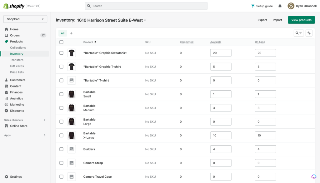 A screenshot of Shopify inventory management dashboard - best ways to make passive income