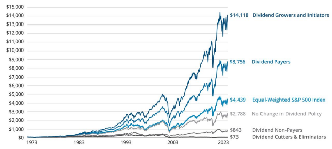 A graph illustrating the performance of dividend stocks compared to non-dividend stocks over the past decade - passive income investments