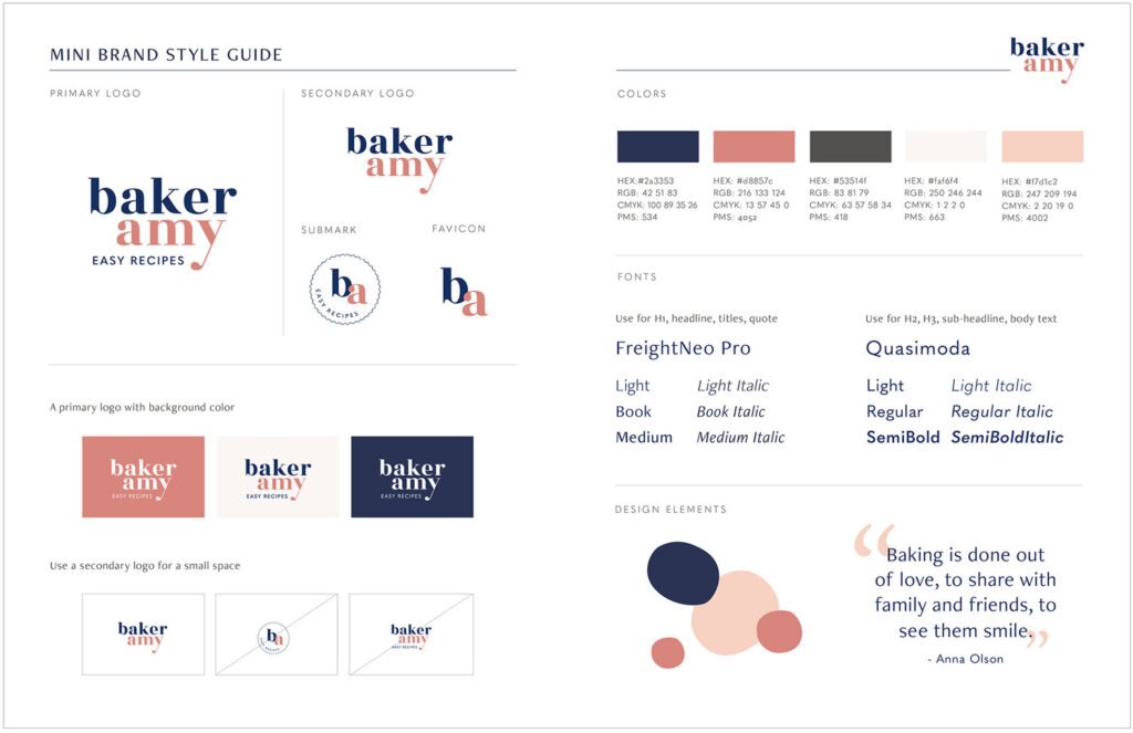 A visual guide showing the use of brand colors, fonts, and logo placement on a sample website - designing a website for a small business