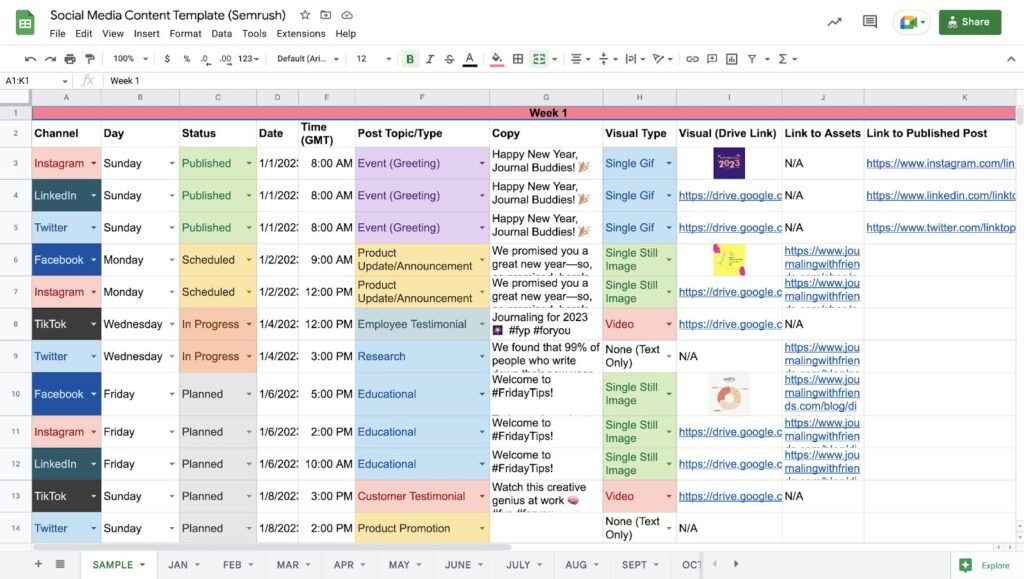 A sample of a content planning schedule - social media marketing agency