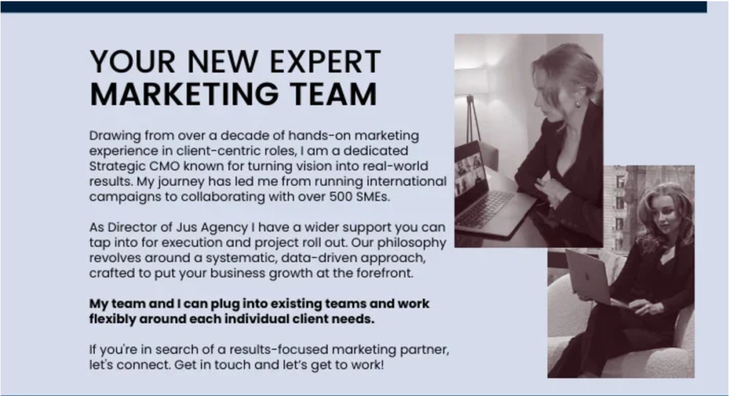 A snapshot of Julia Ager's portfolio profile - marketing strategist