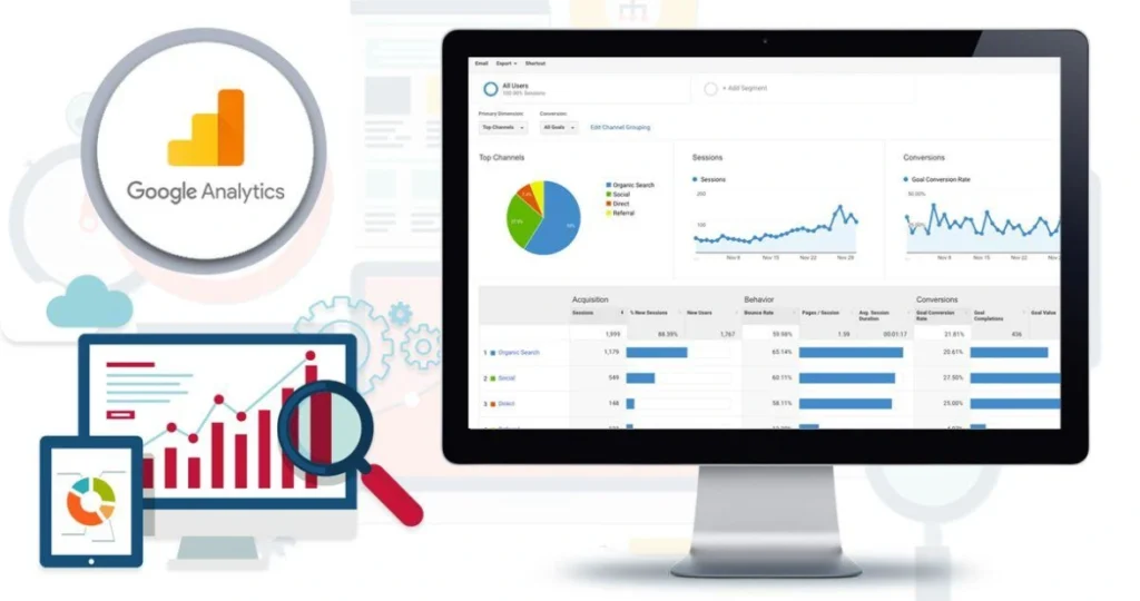 Graphic showing integration possibilities with icons of platforms like Instagram and Google Analytics - facebook ad manager