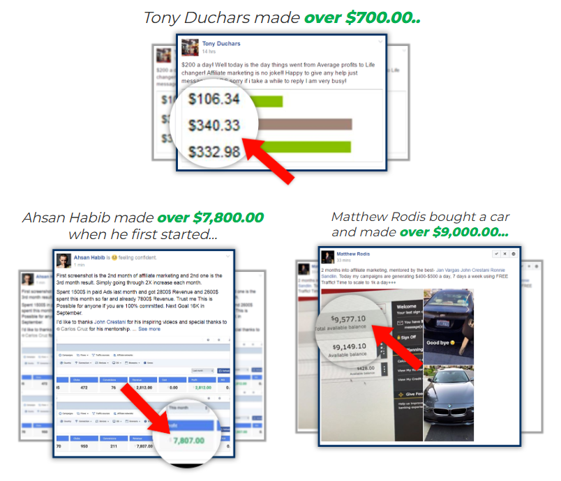 A screenshot of the earning testimonials from real users using the Super Affiliate System - affiliate marketing course for beginners