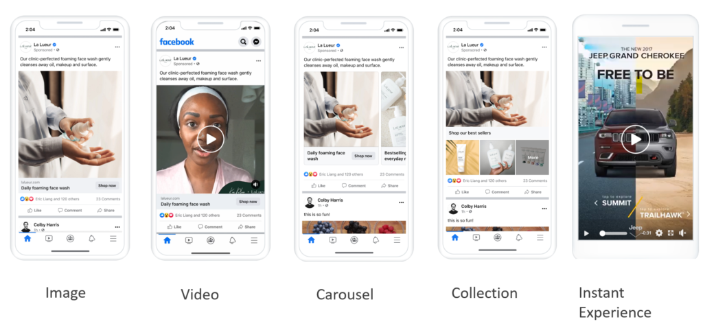 A side-by-side preview of ad formats like carousel ads and single-image ads - facebook ads manager