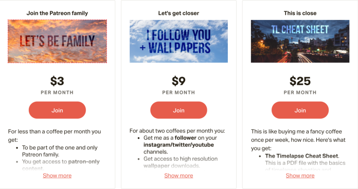 Example of a creator’s Patreon page with tiered rewards - how to make money on youtube