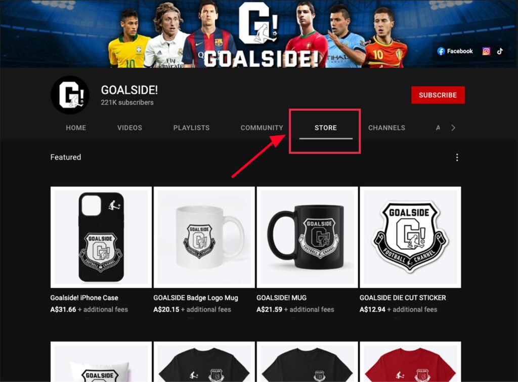 Screenshot of a YouTube channel promoting its merchandise - how to make money on youtube