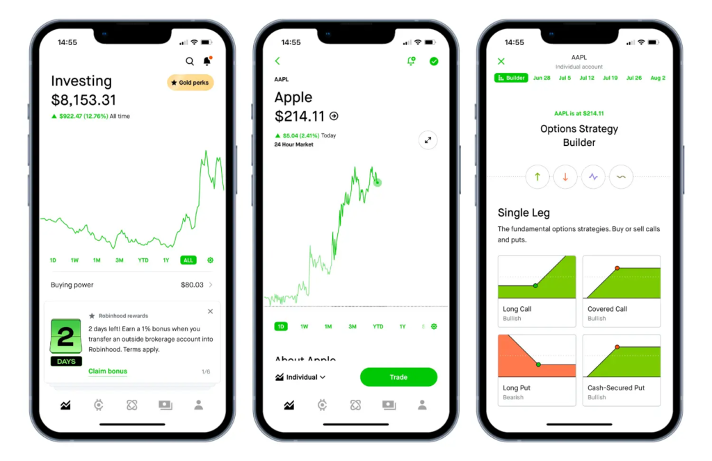 Screenshot of Robinhood's homepage or mobile app interface - trading apps for beginners