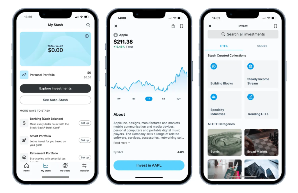 Stash’s mobile interface displaying an investment portfolio - trading apps for beginners