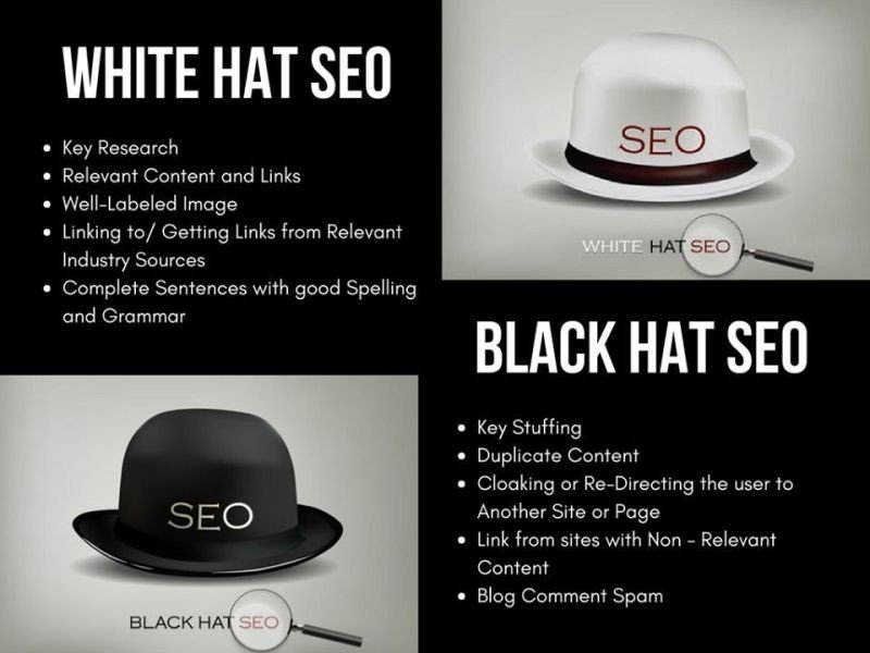 A warning symbol with “Black Hat SEO” vs. “White Hat SEO” comparison - search engine optimization expert