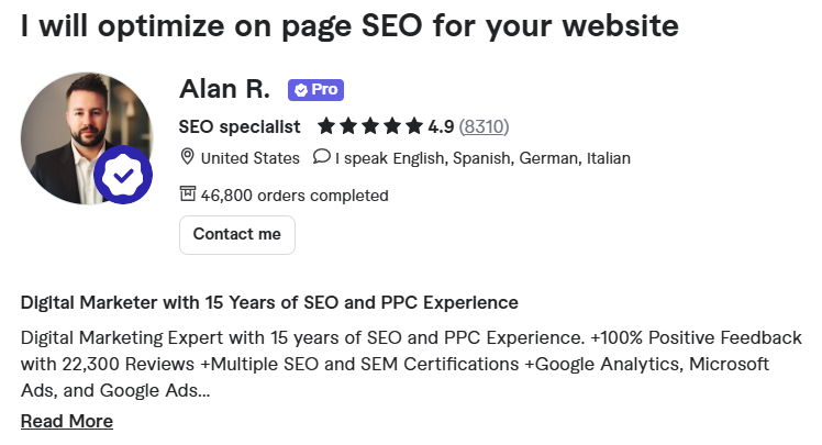 A screenshot of Alan R.’s Fiverr profile -  seo expert