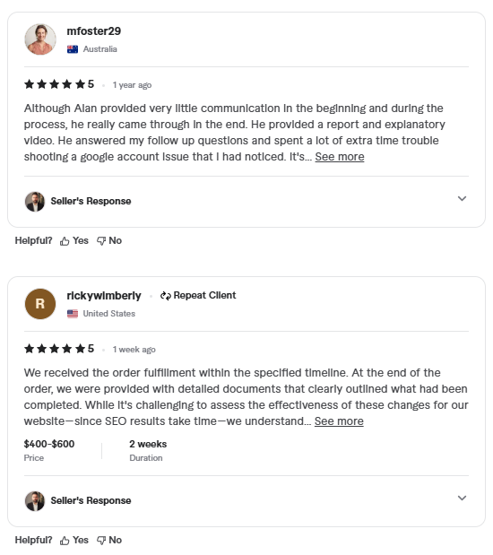 A screenshot of Alan R.'s Fiverr profile positive reviews and ratings - seo expert