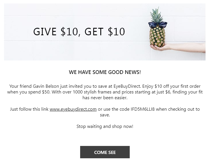 A simple referral program example with a “Get $10, Give $10” structure - small business marketing strategies