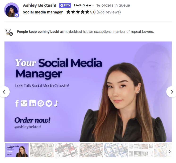 A profile screenshot of Ashley Bekteshi’s Fiverr Pro page - small business marketing strategies