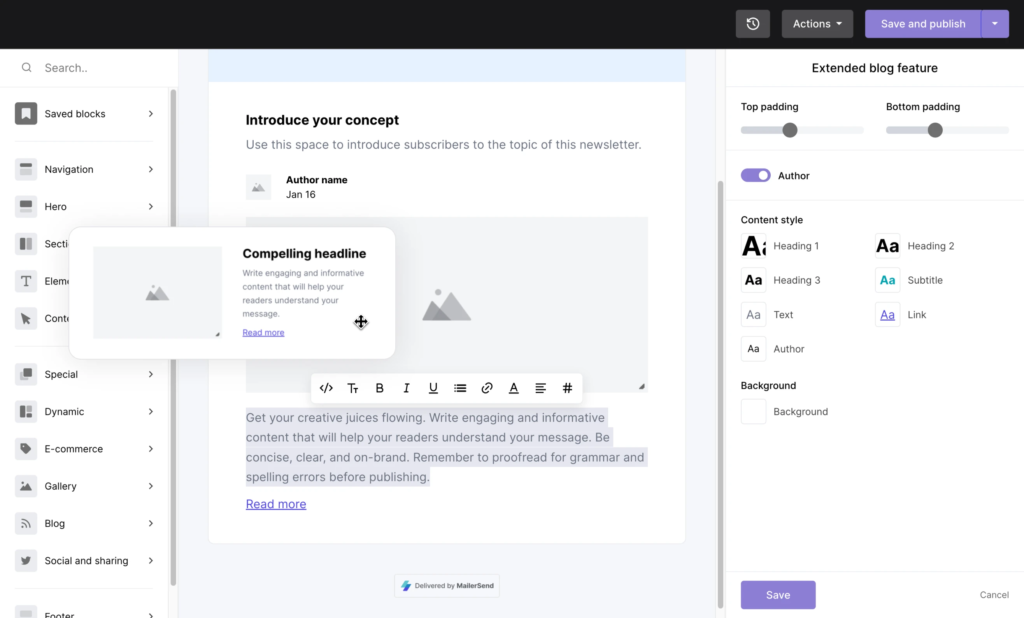 Screenshot of an email builder interface with drag-and-drop elements - email campaign services