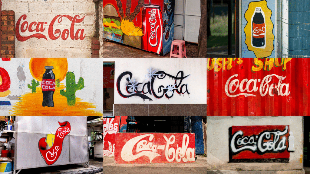 A collage featuring the Coca-Cola logo, a classic Coca-Cola ad, and a recent social media post to show consistency in corporate branding - branding
