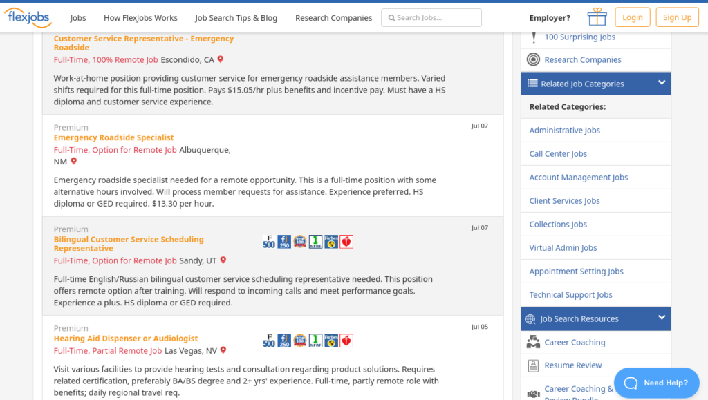 Screenshot showing search results on FlexJobs filtered for “remote customer service jobs.” - remote customer service jobs