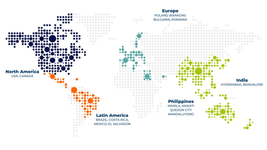 A world map highlighting Concentrix’s major hiring locations for remote roles - remote customer service jobs