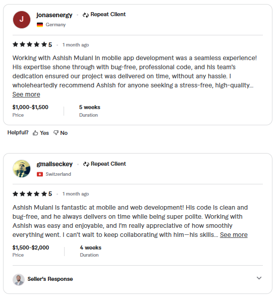 A screenshot collage of client reviews from Fiverr - mobile application developers