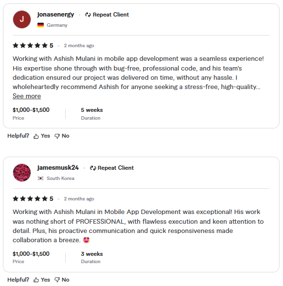 Star rating visuals and a highlighted quote from a positive review - mobile app developer