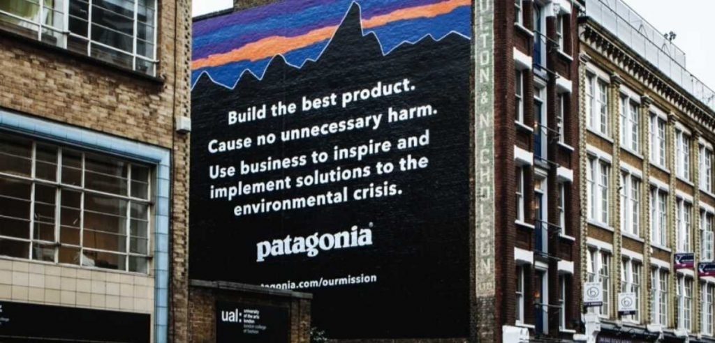 A quote from Patagonia’s CEO about sustainability alongside a product made from recycled materials - branding