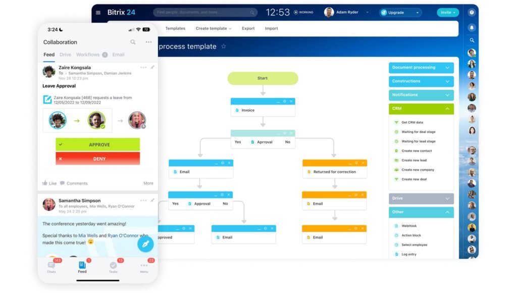 Bitrix24 dashboard showcasing CRM, project management, and communication tools - popular CRM software