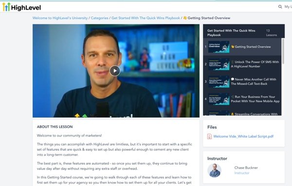 Screenshot of GoHighLevel's lesson overview dashboard section - small business marketing