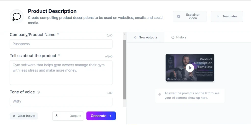 A screenshot of Jasper generating product descriptions or ad copy - AI tools for small business 2025