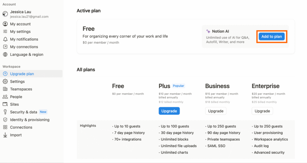 A workspace using Notion AI to summarize a business plan - AI tools for small business 2025