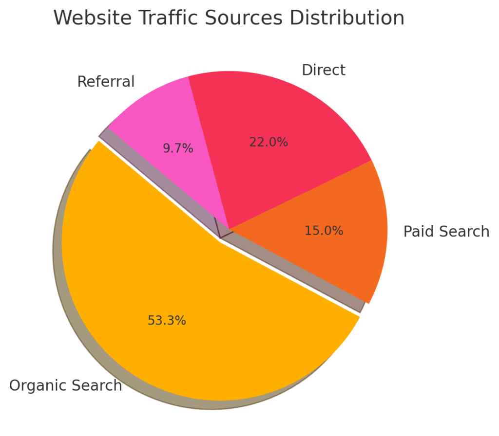 Pie chart showing traffic source distribution—organic, social, paid, referral, direct - increase website traffic fast