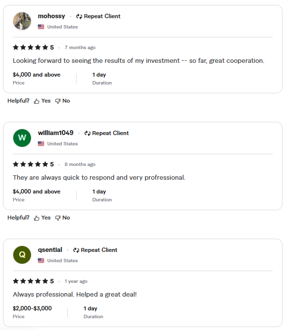 Screenshot of real client testimonials - mobile app developer