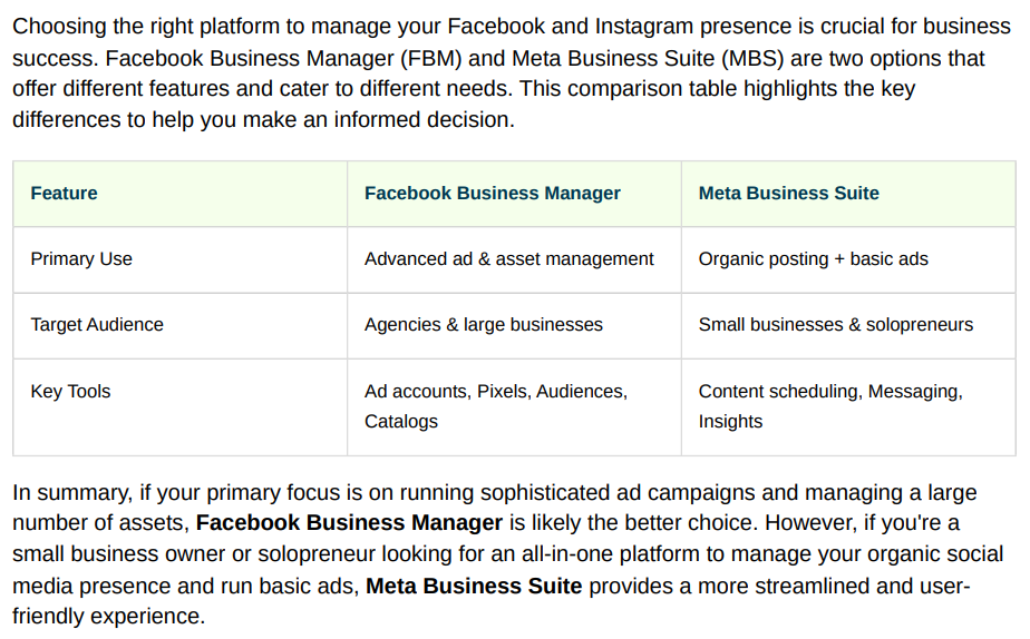 Side-by-side comparison chart of Business Manager vs Meta Business Suite - facebooks business manager