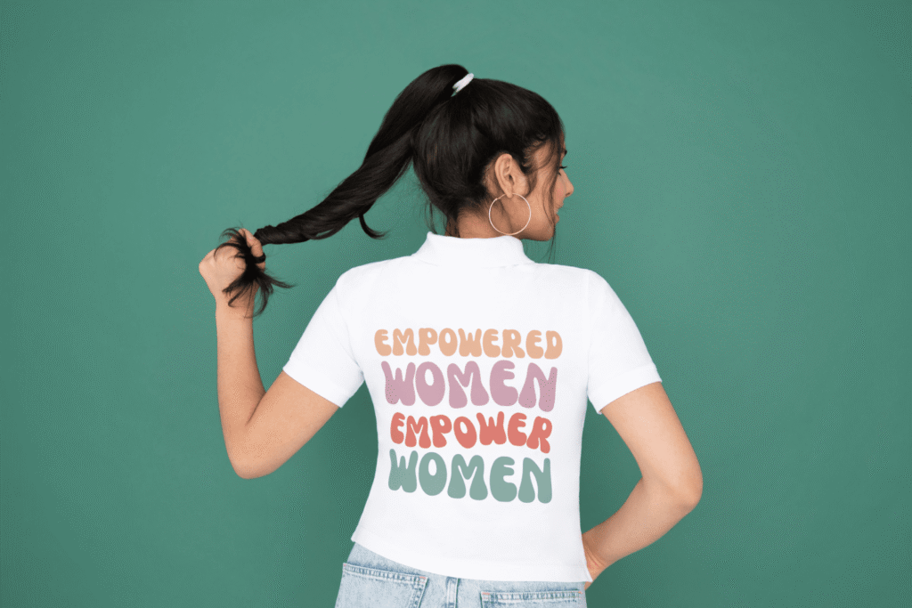 A model wearing a customized print-on-demand t-shirt - best online business ideas.